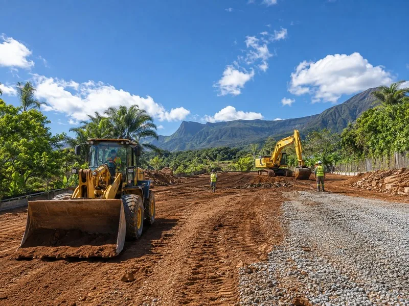 Engins de terrassement sur un chantier à La Réunion